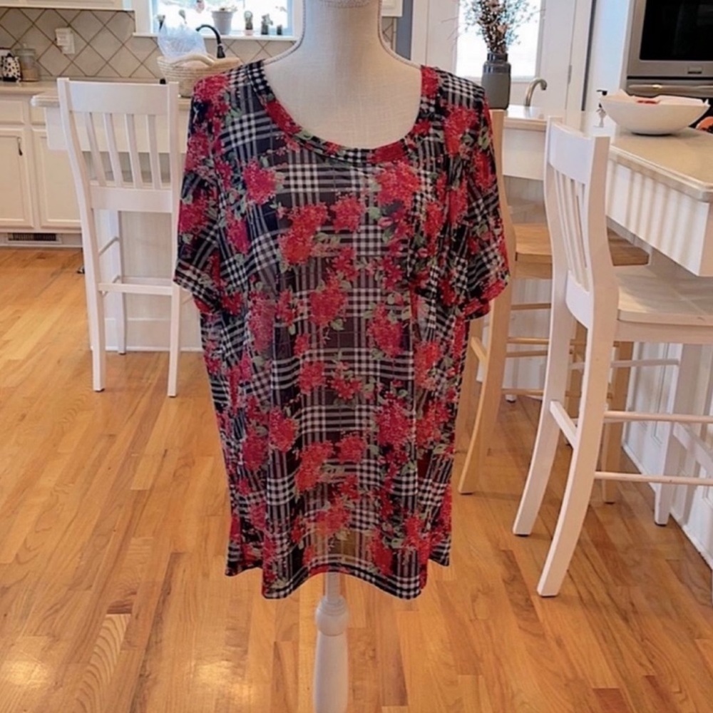 Adele & May red and black floral rose plaid sheer top